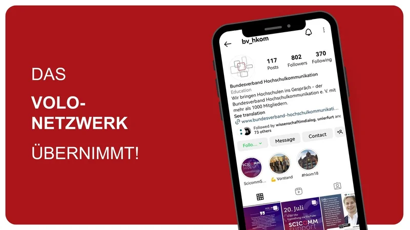Ein Smartphone zeigt den BV_HKOM-Instagram-Kanal. Daneben steht auf rotem Hintergrund: "Das Volo-Netzwerk übernimmt!"